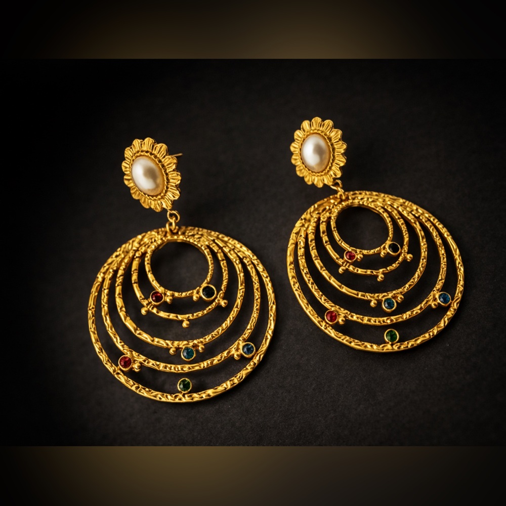 Gold and Pearl Hoop Earrings with Colorful Accents